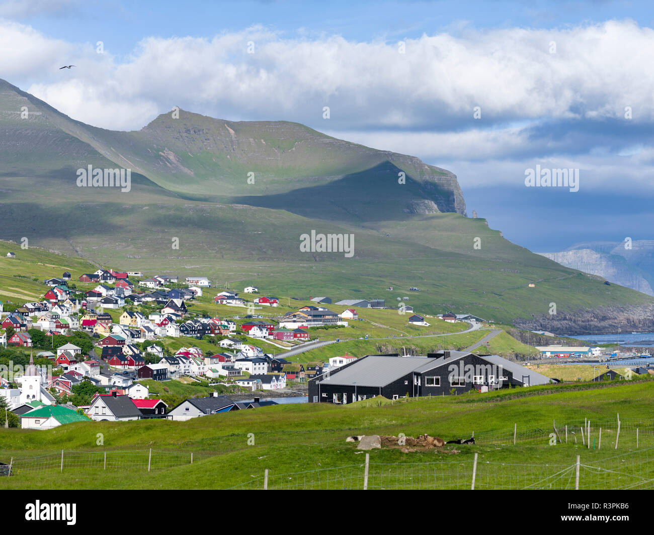Kleine Stadt Midvagur auf der Insel Vagar, Teil der Färöer Inseln. Dänemark, Färöer Inseln Stockfoto