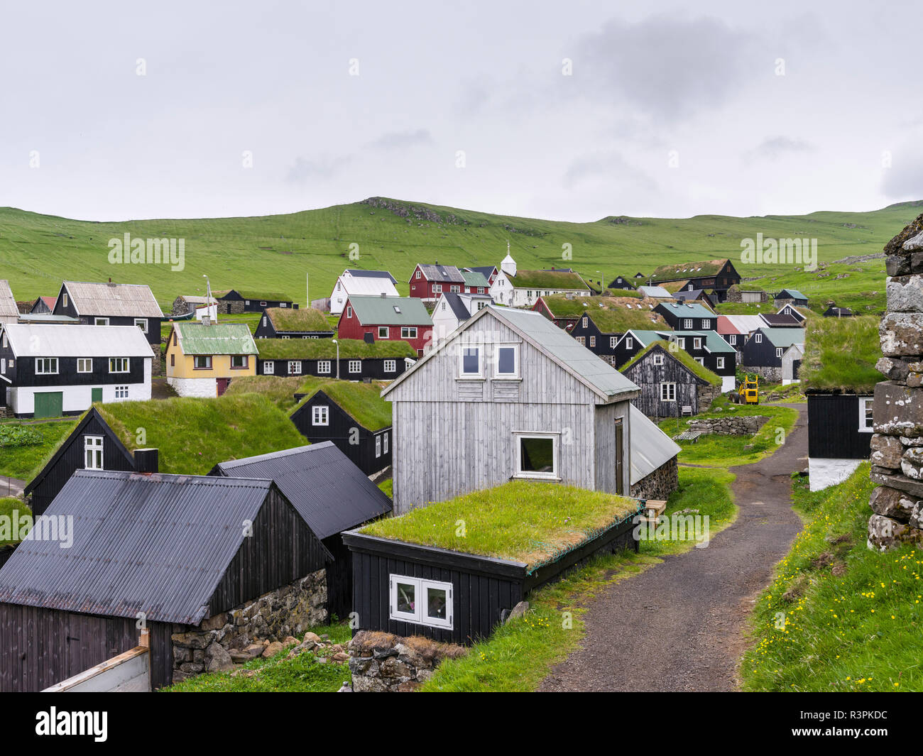 Das Dorf auf der Insel Mykines, Teil der Färöer im Nordatlantik. Dänemark Stockfoto