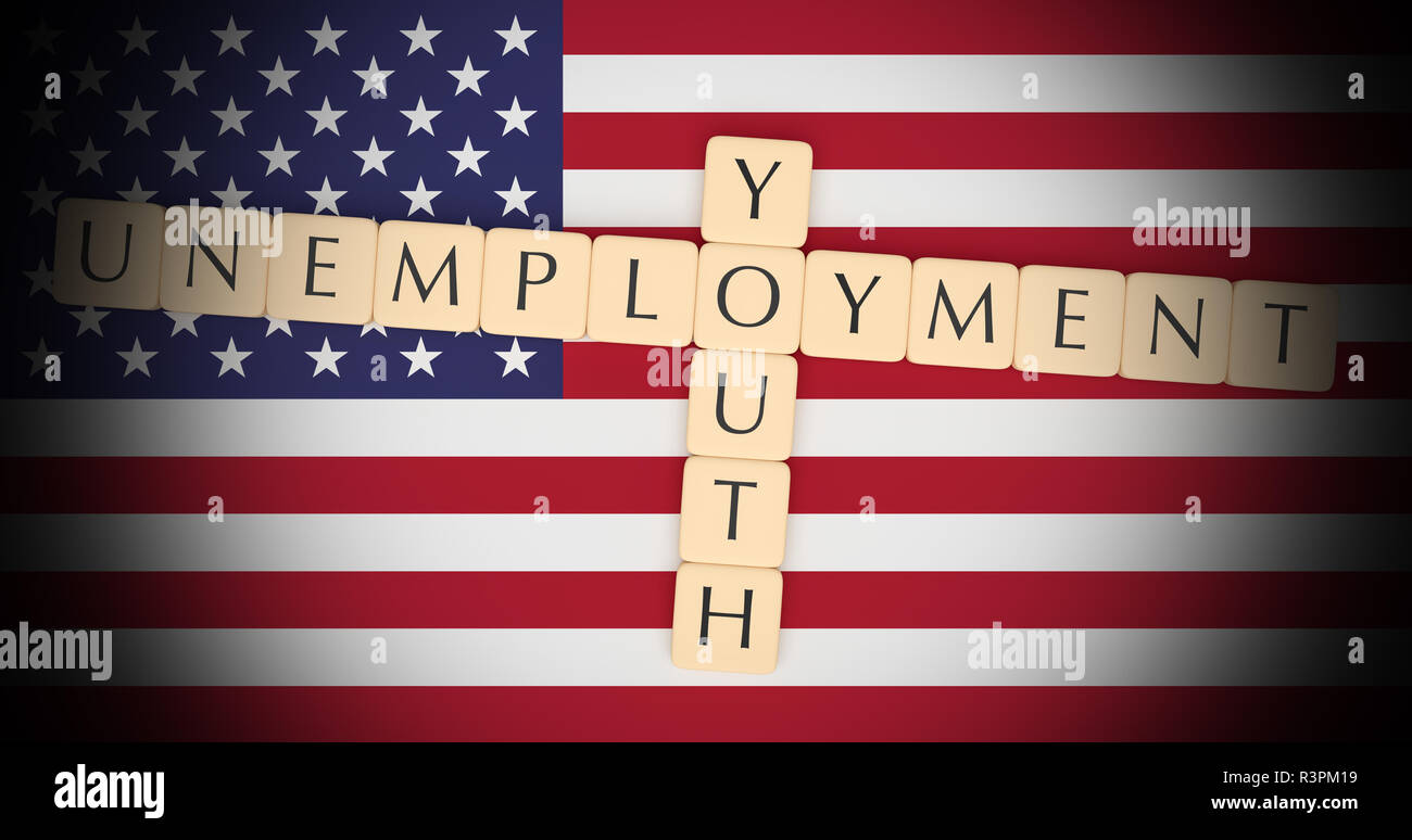 USA Politik Konzept: Buchstabensteine Jugendarbeitslosigkeit im US Flag, 3D-Darstellung Stockfoto