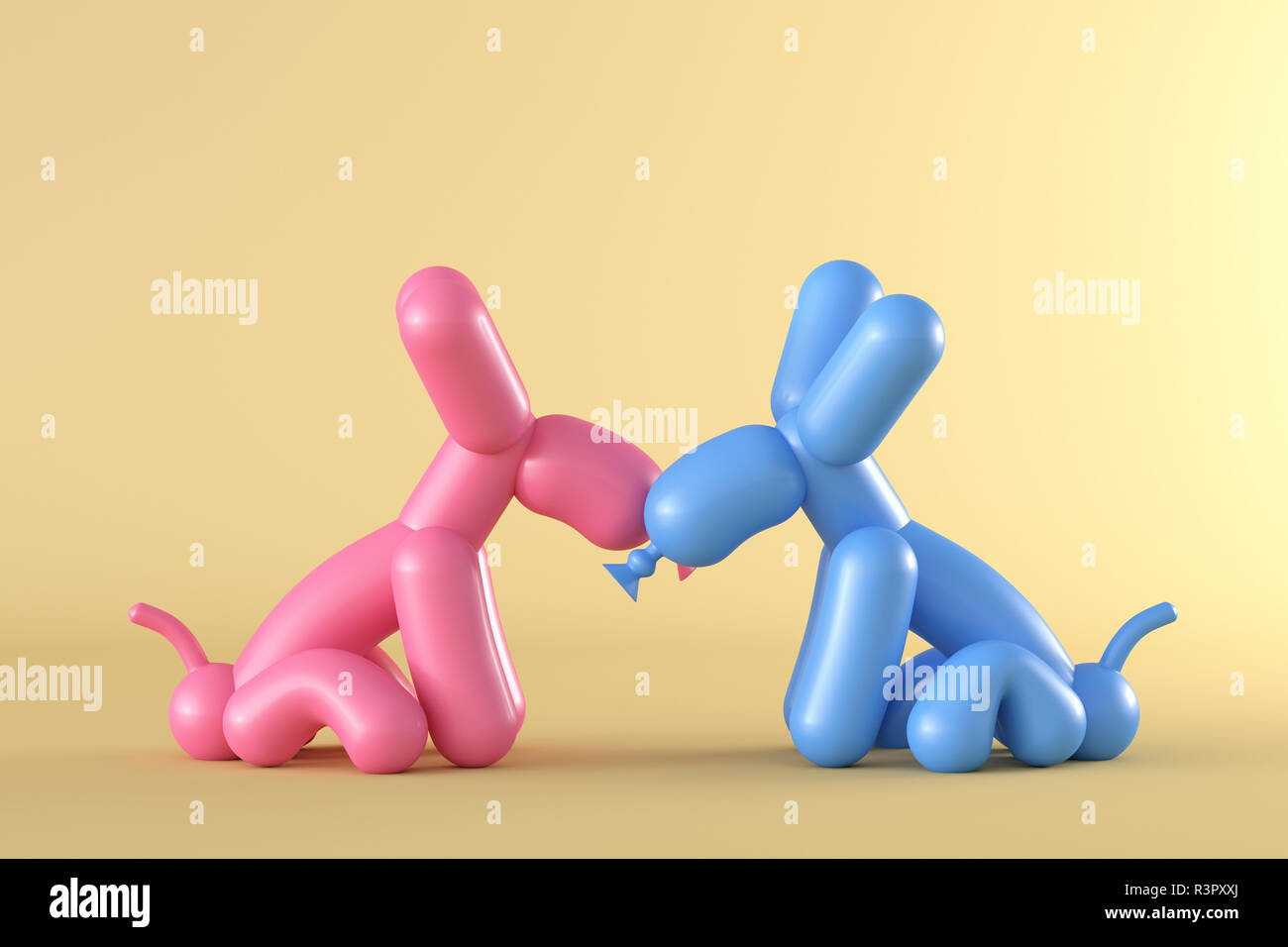3D-Rendering, zwei Ballon Hunde vor gelbem Hintergrund küssen Stockfoto