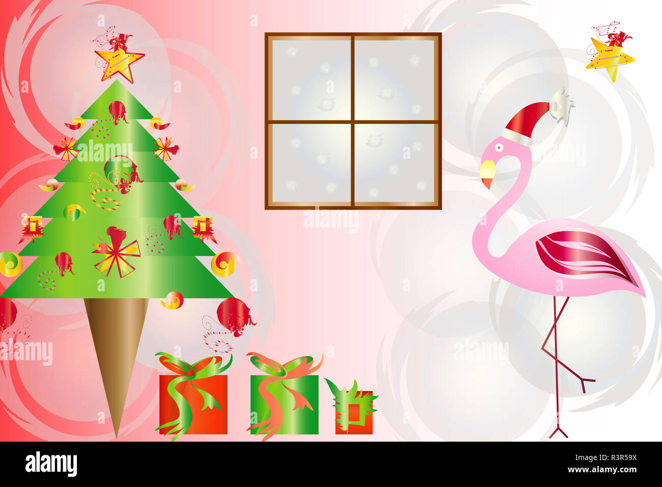 Weihnachten flamingo Illustration - Weihnachtsbaum und Geschenkboxen - festliches Thema Karte Stockfoto