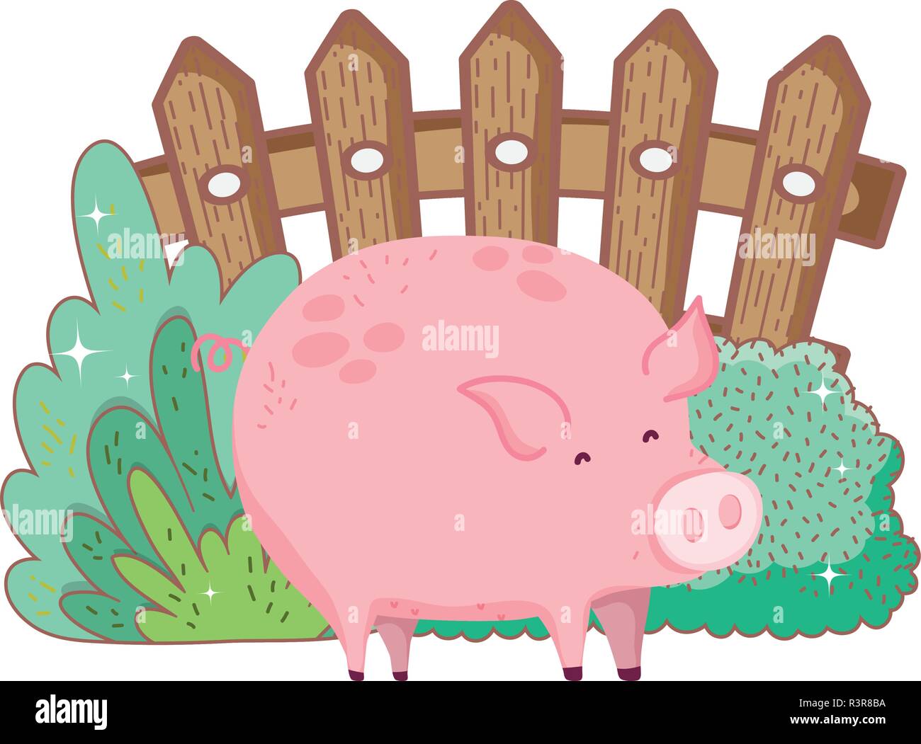 Pig Farm der Tiere mit Garten und Zaun Vector Illustration Design Stock Vektor