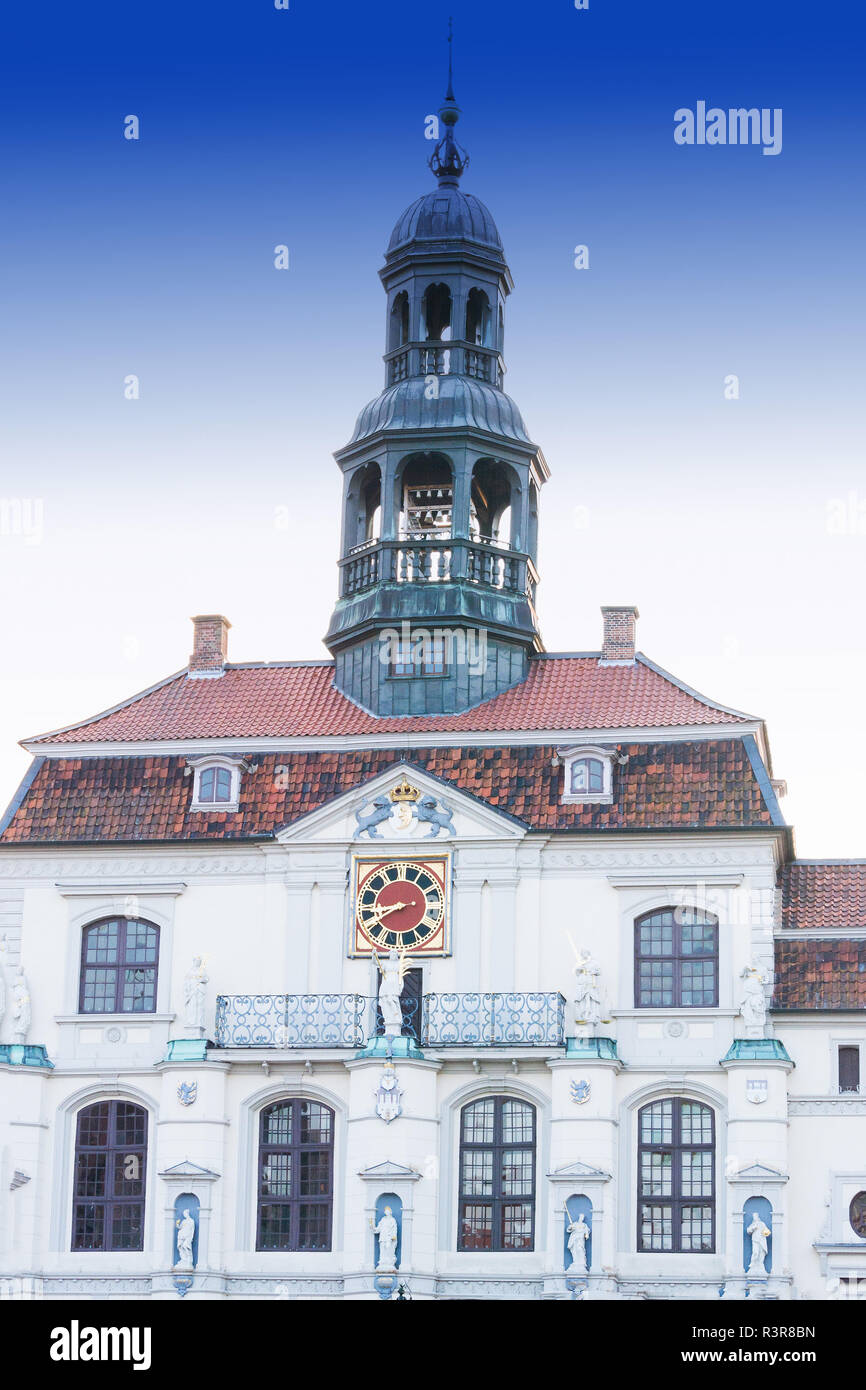 Lüneburg, Niedersachsen, Deutschland - 27. Juli 2018: Vintage street Lampe Laterne mit Blumenbeet. Historisches Rathaus im Hintergrund in Lüneburg Deutsch Stockfoto