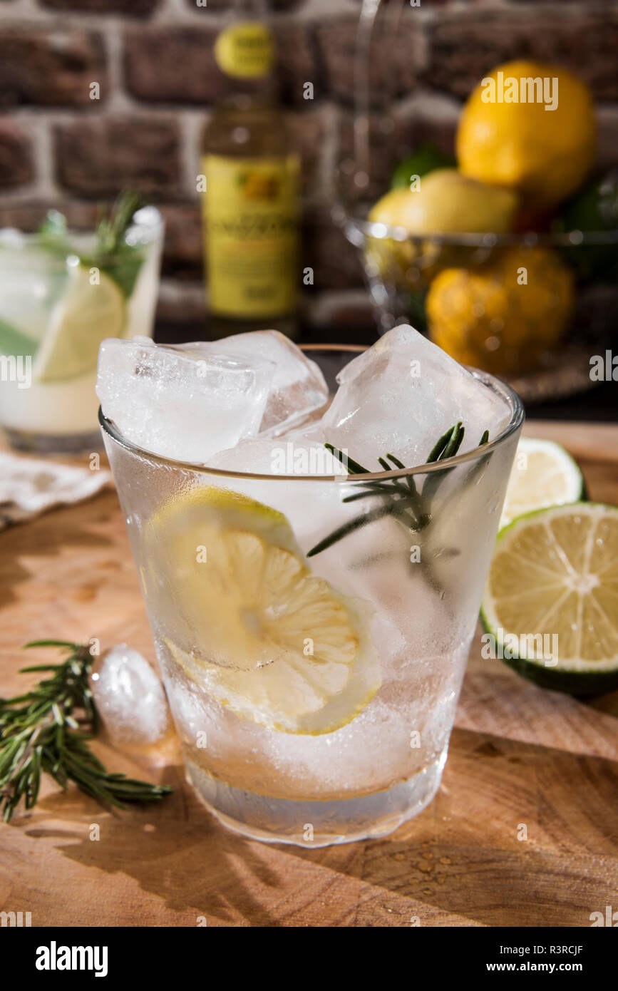 Glas Gin Tonic mit Zitrone, Rosmarin und Eis Stockfoto