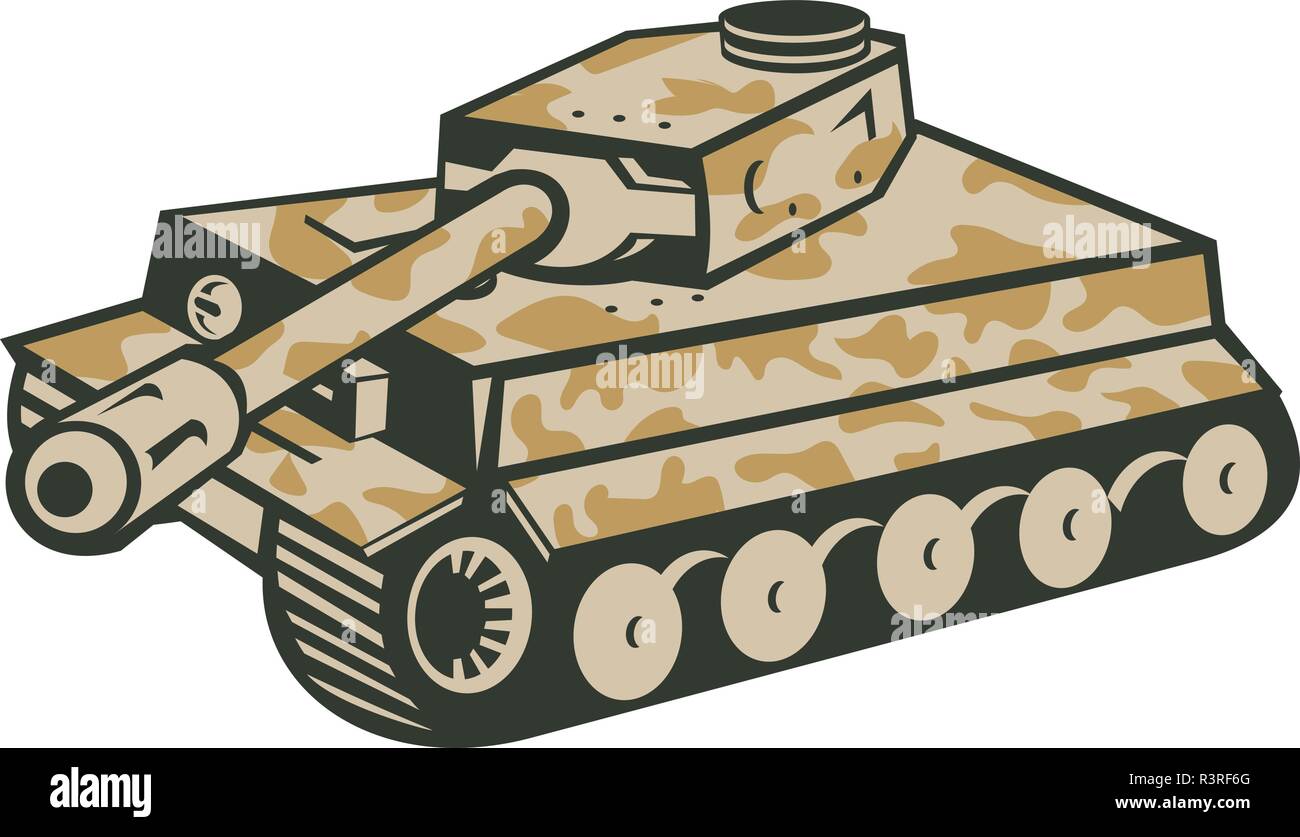 Retro Style Abbildung der Deutschen Weltkrieg zwei getarnte Panzer Panzer seine Kanone auf der Seite auf isolierten Hintergrund abzielt. Stock Vektor