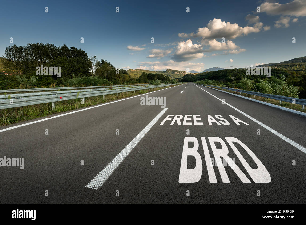 Frei wie ein Vogel Nachricht auf Asphalt Autobahn Straße durch die Landschaft bis zu den Bergen Stockfoto