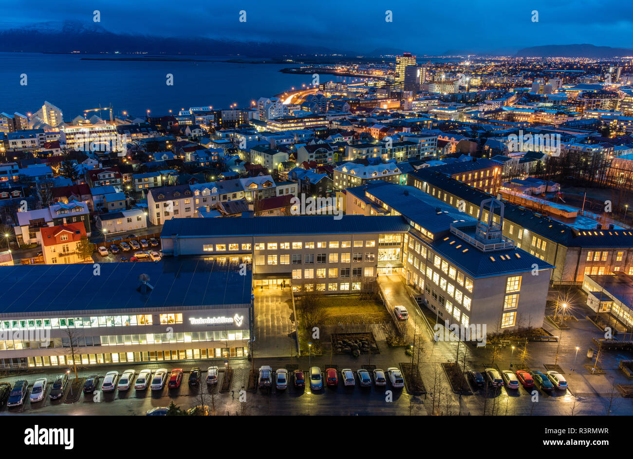 Mit Blick auf die Stadt von der Spitze der Kirche Hallgrimskirkja in der Innenstadt von Reykjavik, Island Stockfoto