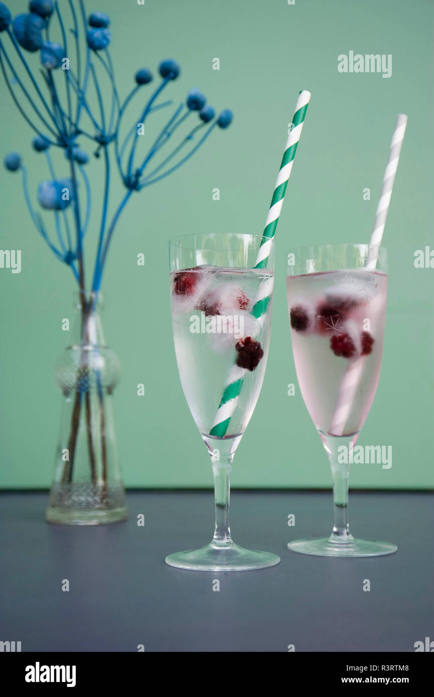 Eiswürfel mit Brombeeren in Champagner Gläser, getrocknete Blumen in Vase Stockfoto