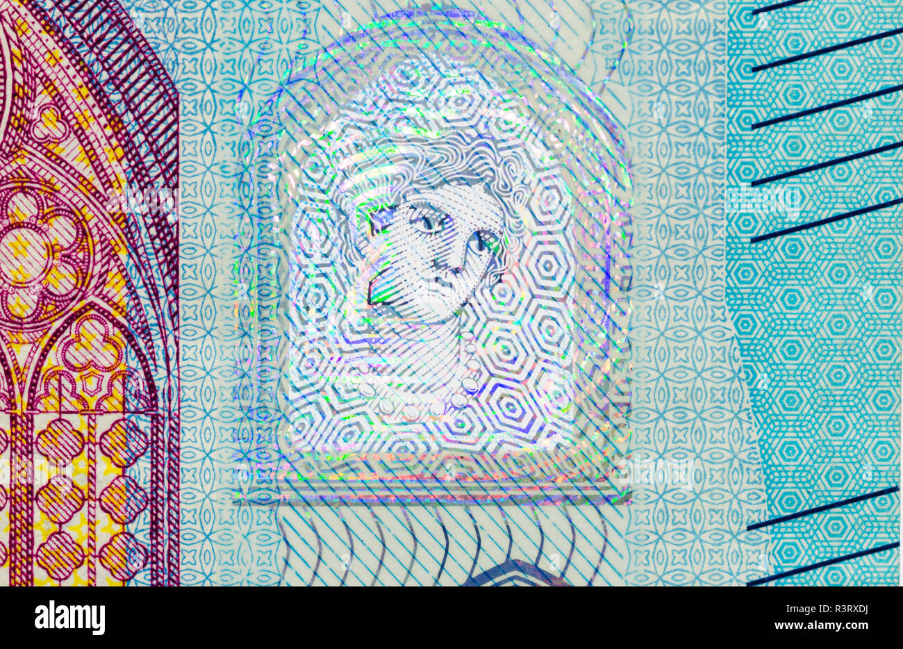 Nahaufnahme der Göttin Europa auf das Hologramm eine neue 20 euro Banknote. Stockfoto