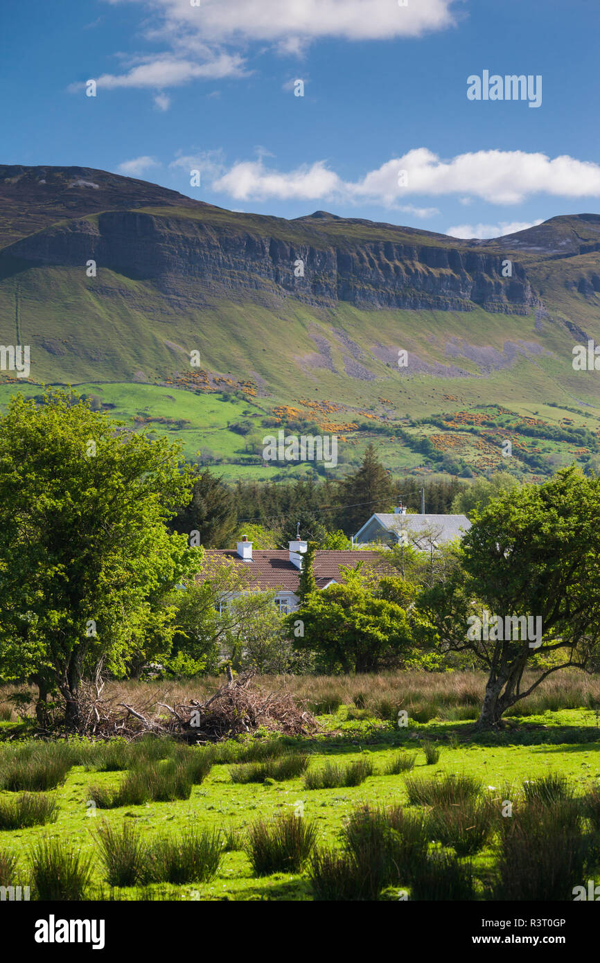 Irland, County Sligo, Drumcliff, Benbulben Berglandschaft mit Haus Stockfoto