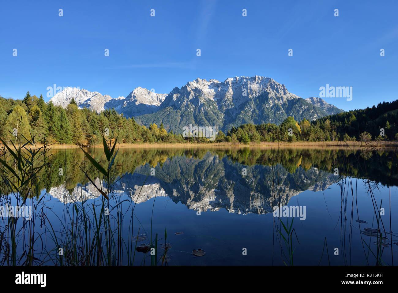 Deutschland, Bayerische Alpen, Bayern, Oberbayern, Werdenfelser Land, Karwendel, Mittenwald, See Luttensee mit Karwendelgebirge Stockfoto