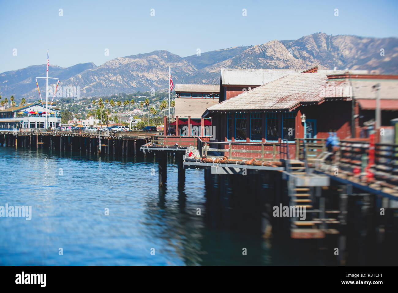 Schöne Aussicht von Santa Barbara Ocean Front Walk, mit Strand und Marina, Palmen und Bergen, Santa Ynez Mountains und dem Pazifischen Ozean, Santa Barbara co Stockfoto