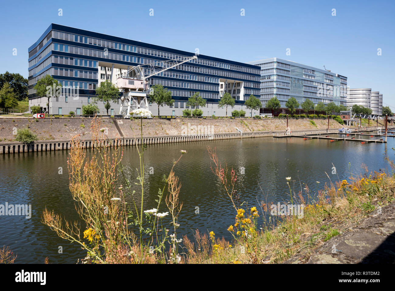 Deutschland, Duisburg, um moderne Bürogebäude und Marina am Inneren Hafen Stockfoto