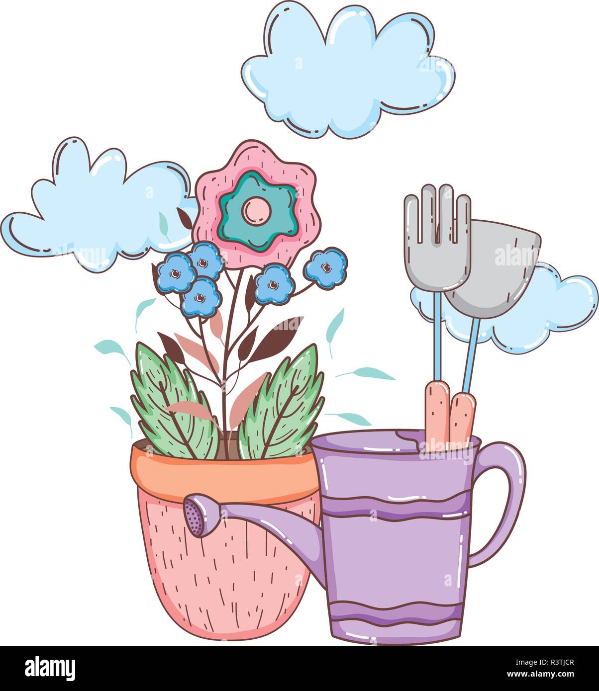 Gärtner sprinkler Dusche mit Blätter und Blumen Vector Illustration