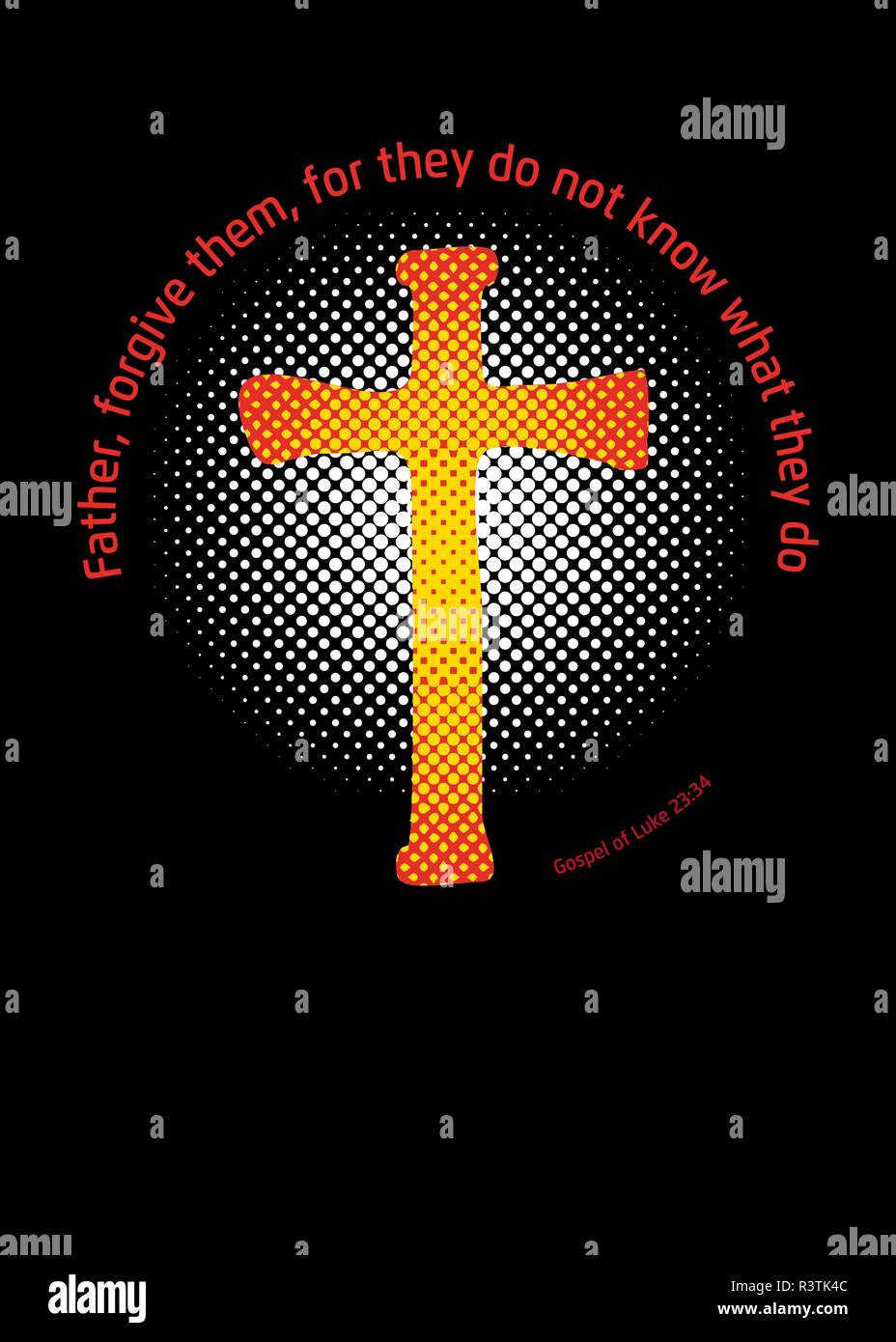 Ein Kreuz in einem Kreis mit einem Halbton-Screen-Effekt in den Rücken, als Symbol für das Licht und ein Evangelium-Angebot rund um Stock Vektor