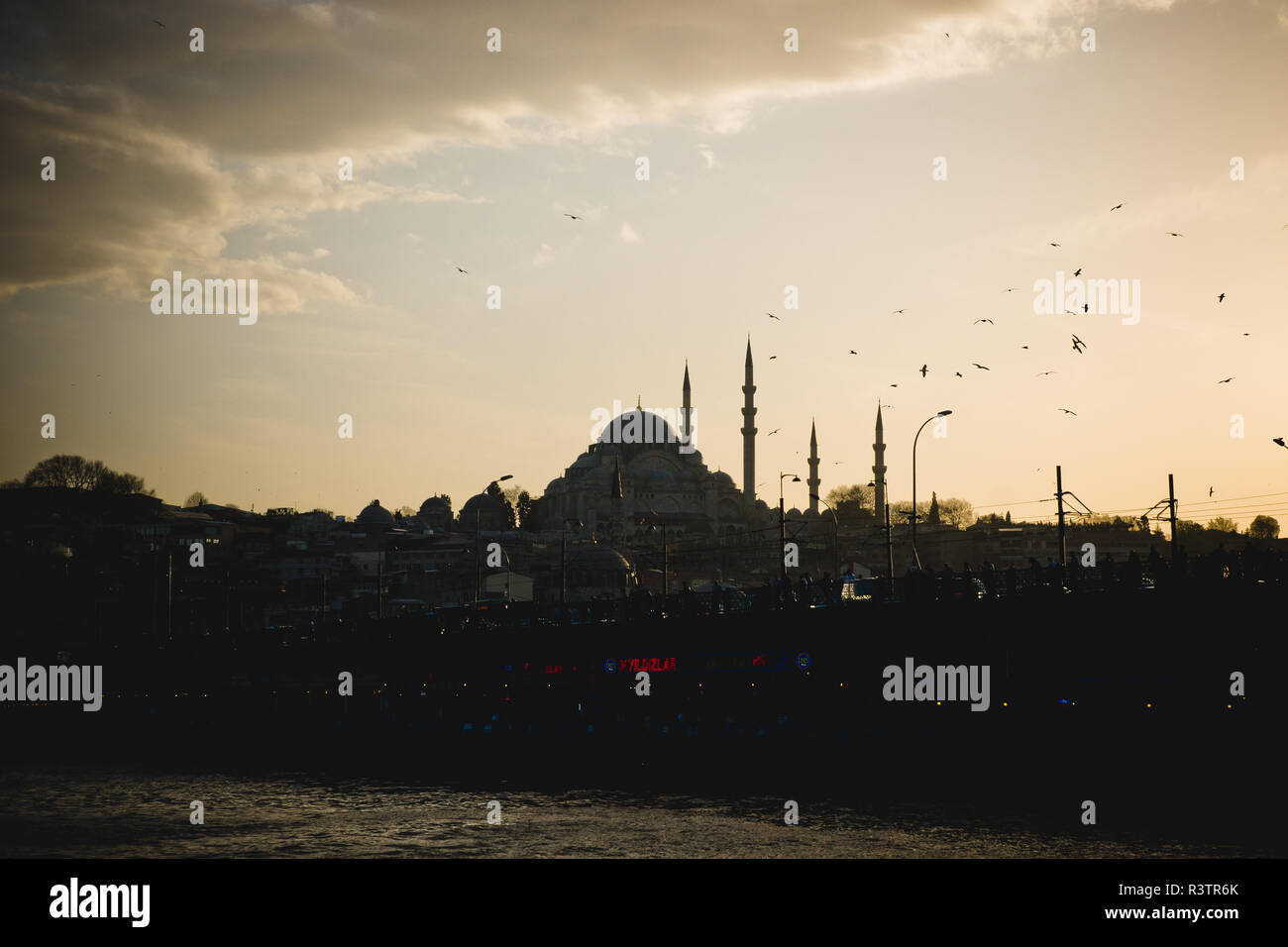 Istanbul, Türkei - 5 April, 2012: Panoramablick auf die Stadt Istanbul bei Sonnenuntergang, wobei die Minarette der Moscheen. Stockfoto