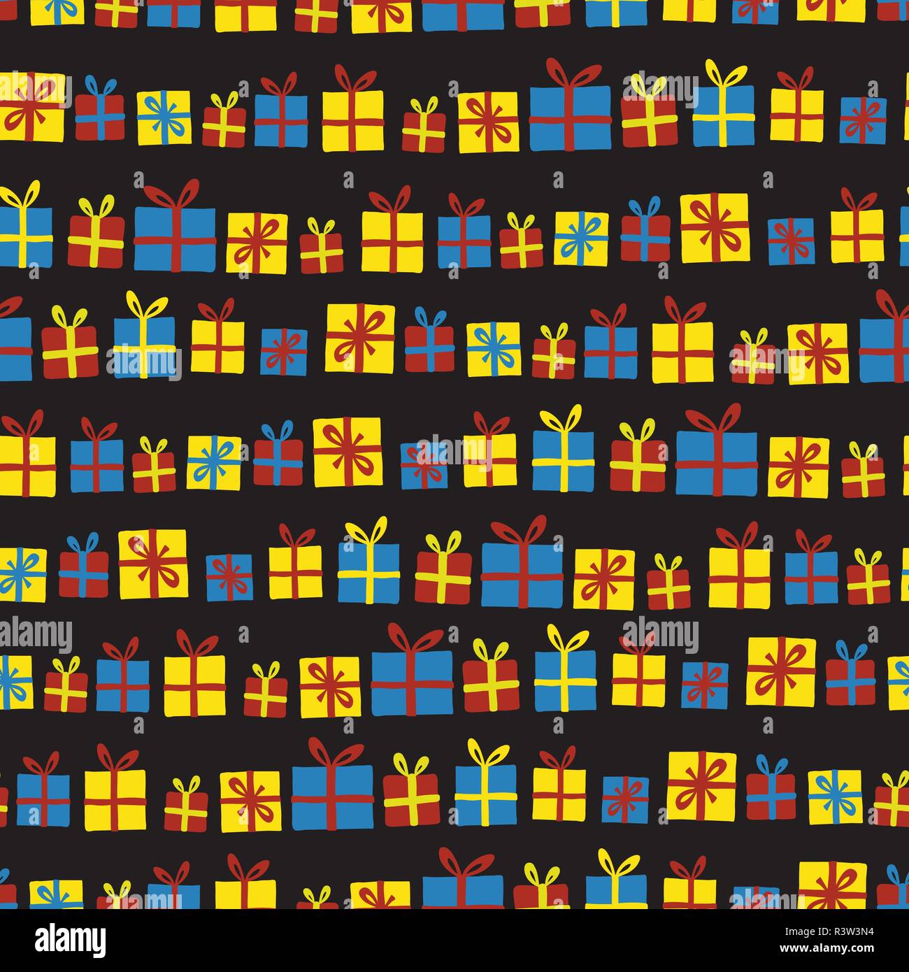 Weihnachtsgeschenke in einer Reihe nahtlose Vektor Muster. Geschenkboxen mit Bögen Rot, Gelb und Blau auf schwarzem Hintergrund. Für Geburtstage, Weihnachten Geschenkverpackung Stock Vektor