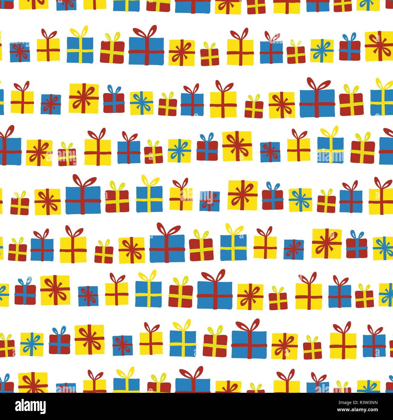 Weihnachtsgeschenke in einer Reihe nahtlose Vektor Muster. Geschenkboxen mit Bögen Rot, Gelb und Blau auf weißem Hintergrund. Für Geburtstage, Weihnachten Geschenkverpackung Stock Vektor