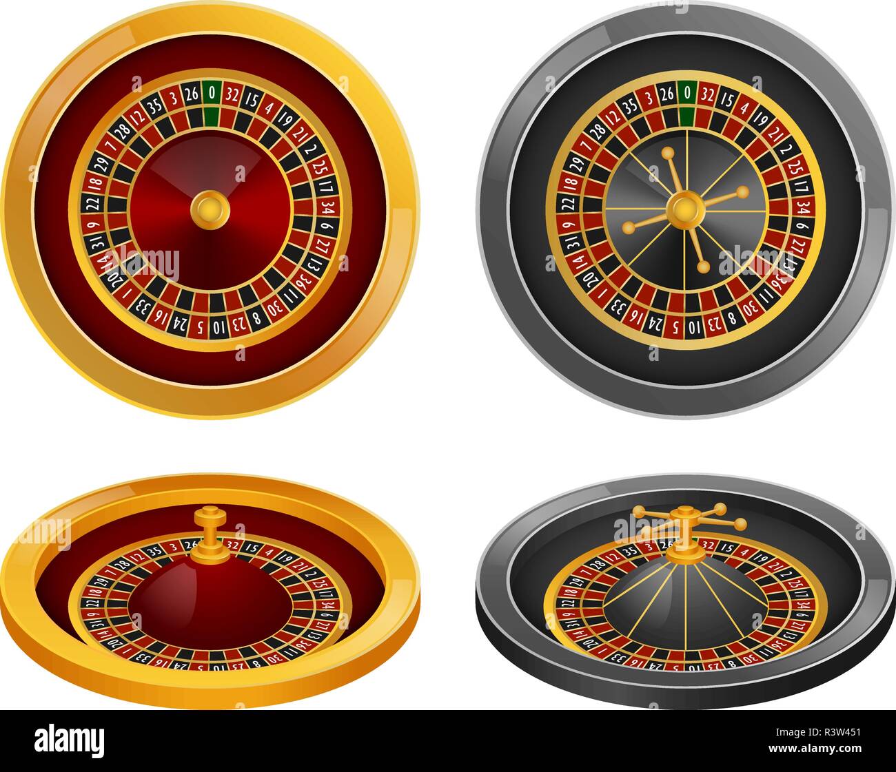 Roulette Rad fortune spin Spiel mockup eingestellt. Realistische Abbildung von 4 roulette wheel Fortune spin Spiel mockups für Web Stock Vektor