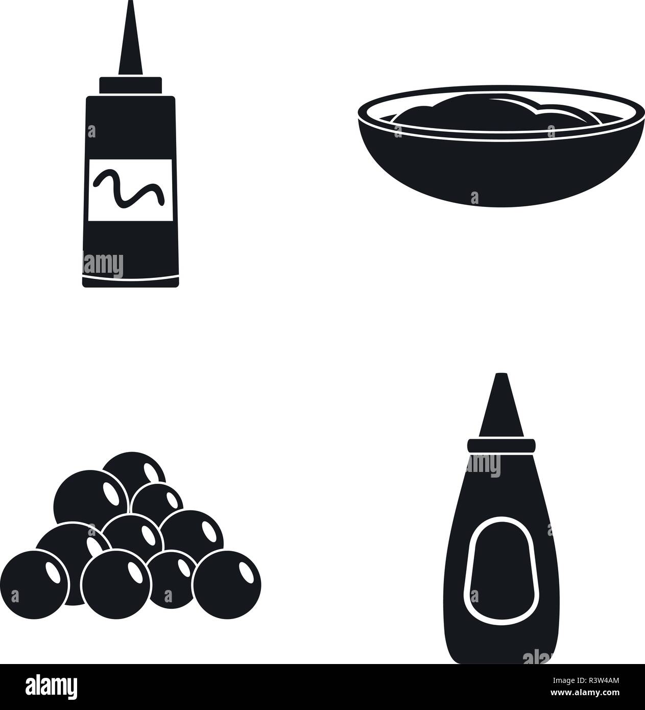 Senf sauce Flasche Symbole gesetzt. Einfache Abbildung: 4 Senf sauce Flasche Vector Icons für Web Stock Vektor