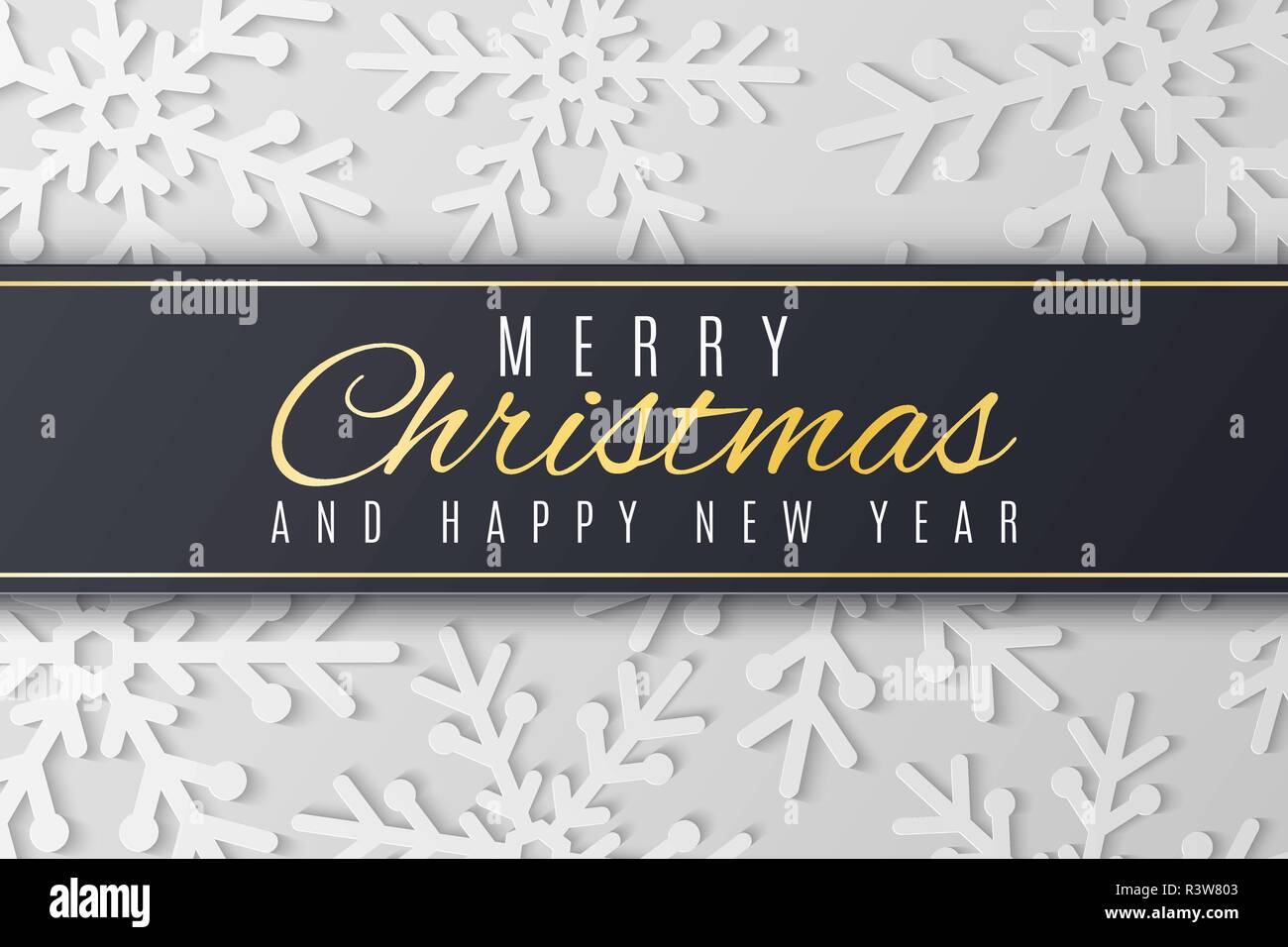 Weihnachten Grußkarte. Weiße Schneeflocken aus Papier. Frohes Neues Jahr 2019. Saisonale festliche Web Banner. Black Label mit Text. Vektor illustrati Stock Vektor