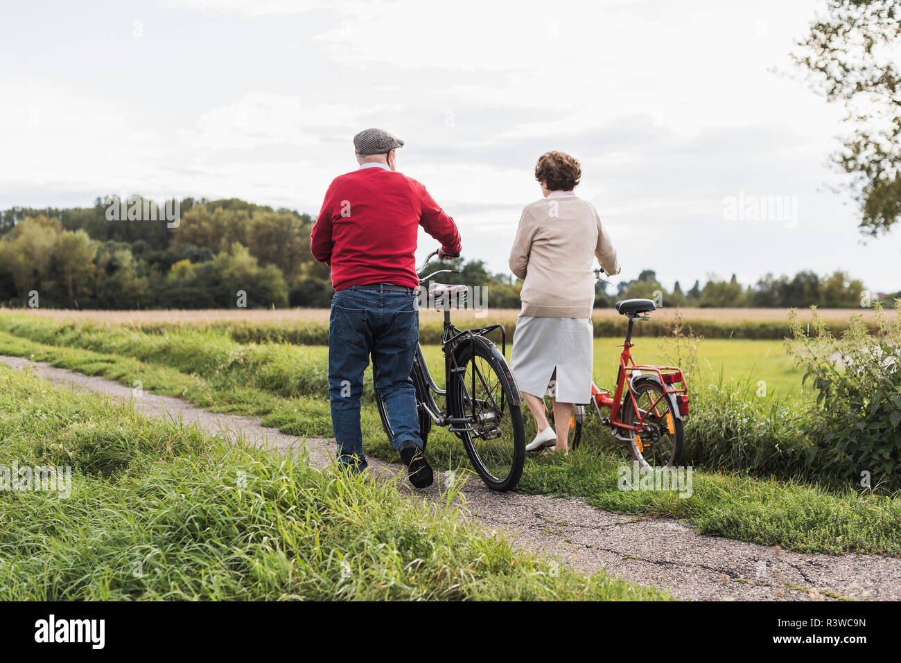 Senior Paar drücken Fahrräder in ländlichen Landschaft Stockfoto