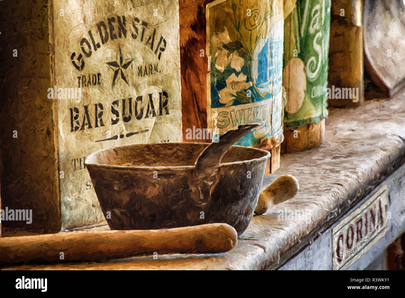 Malerei von Essen-containern in verlassenen General Store, Bodie State Historic Park, Kalifornien. Stockfoto