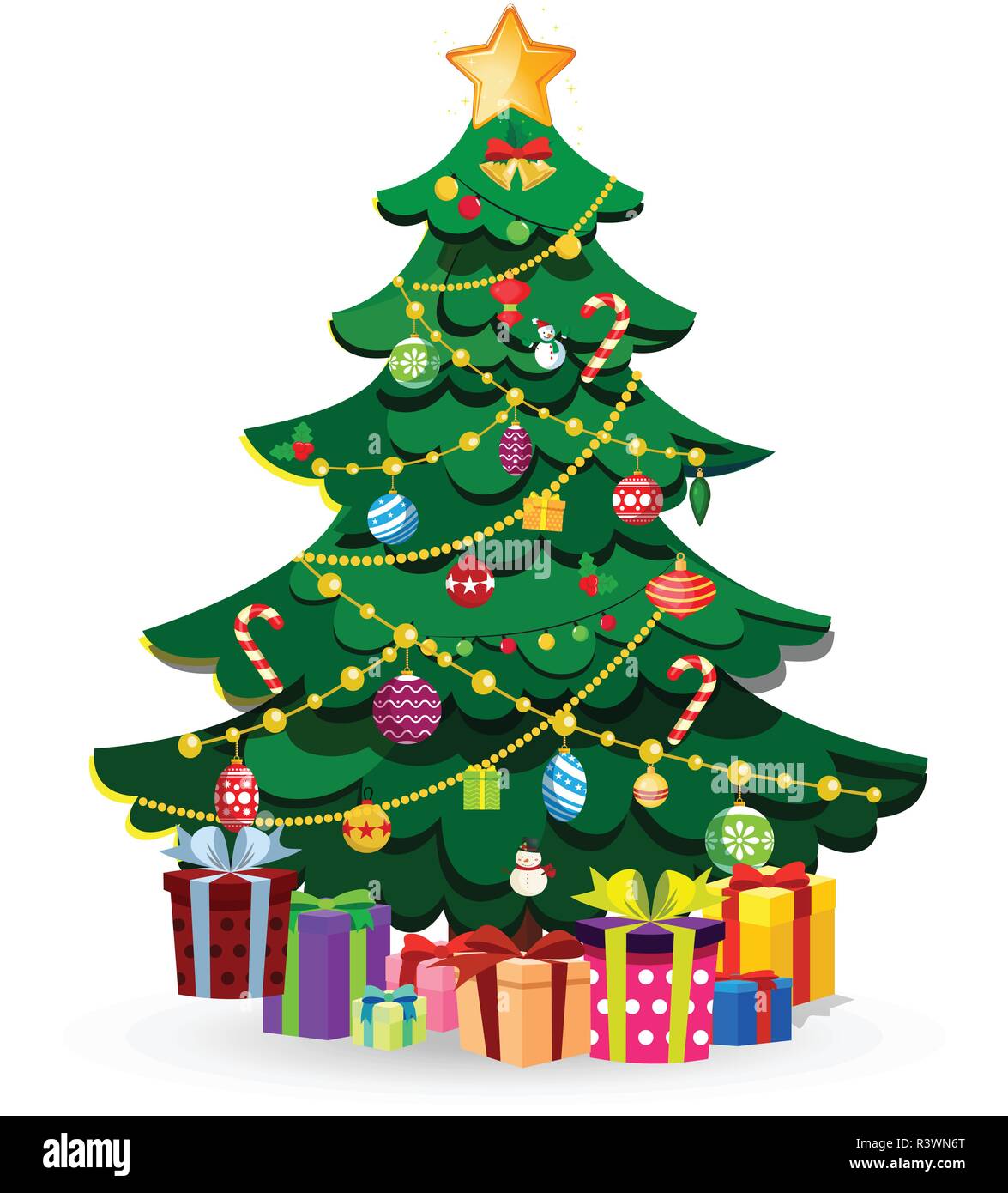 Cute Cartoon Weihnachten Tannenbaum Mit Vielen Geschenken Und Gegenwart Boxen Eingerichtet Sterne Kugeln Girlanden Isoliert Auf Weissem Hintergrund Vector Illustration S Stock Vektorgrafik Alamy