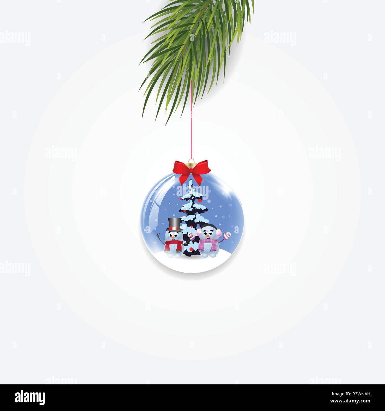Christmas tree branch mit Weihnachten und Neujahr Ball mit Schneemänner und roten Bogen auf weißem Hintergrund eingerichtet. Vector Illustration, Clip Art, Symbol Stock Vektor