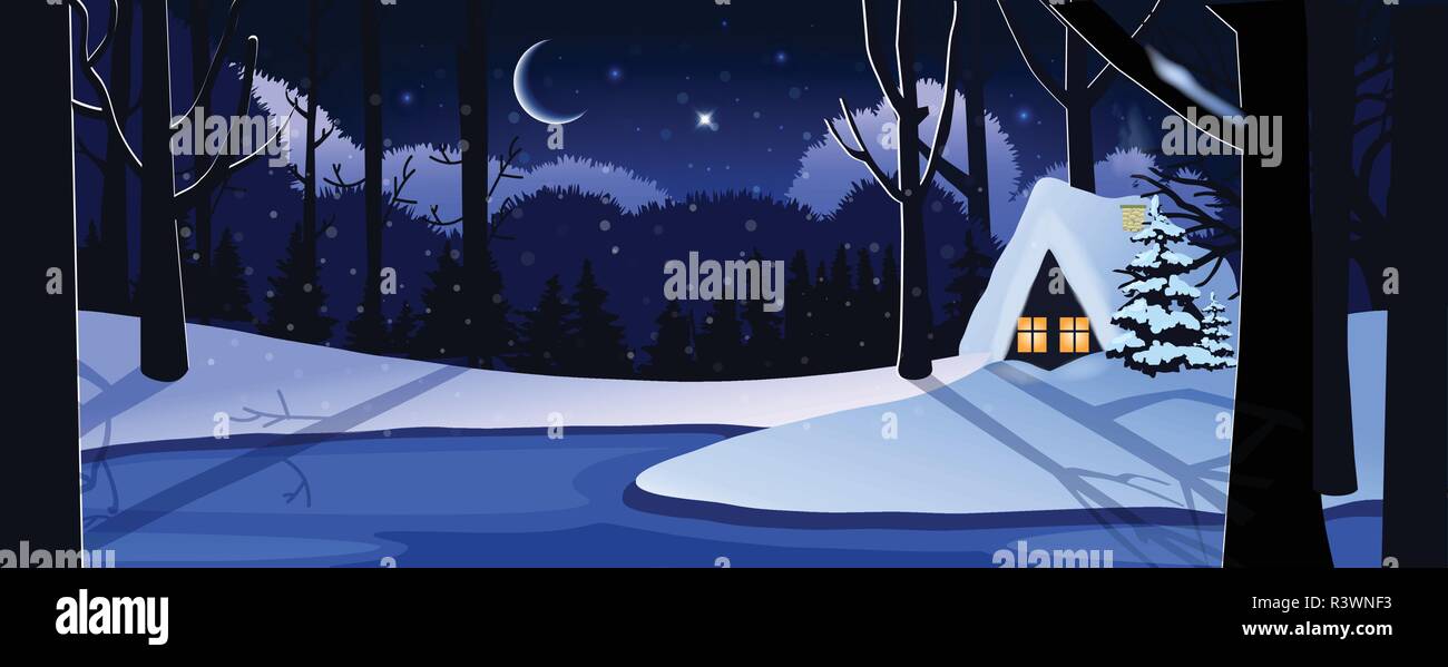 Cute Winter ruhige verschneiten Nacht Landschaft Szene mit kleinen Haus im Wald unter dem Mond Licht und leuchtenden Sternen. Vector Illustration, Banner, post Stock Vektor