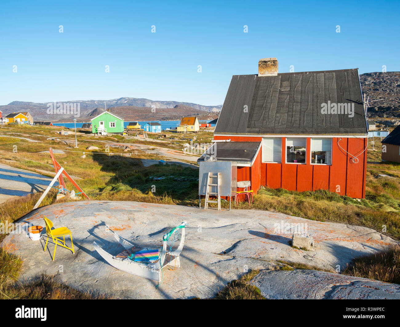 Inuit Dorf Rodebay Oqaatsut (einmal genannt) in der Diskobucht, Grönland, Dänemark Stockfoto