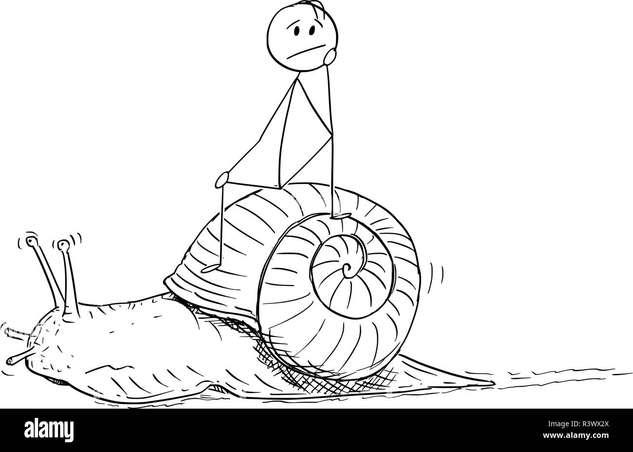 Cartoon von frustrierter Mann oder Geschäftsmann auf die langsame Schnecke bewegen Stock Vektor