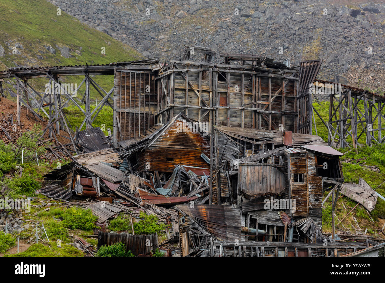 USA, Alaska, Independence Mine State Historical Park. Verlassene Mine. Stockfoto