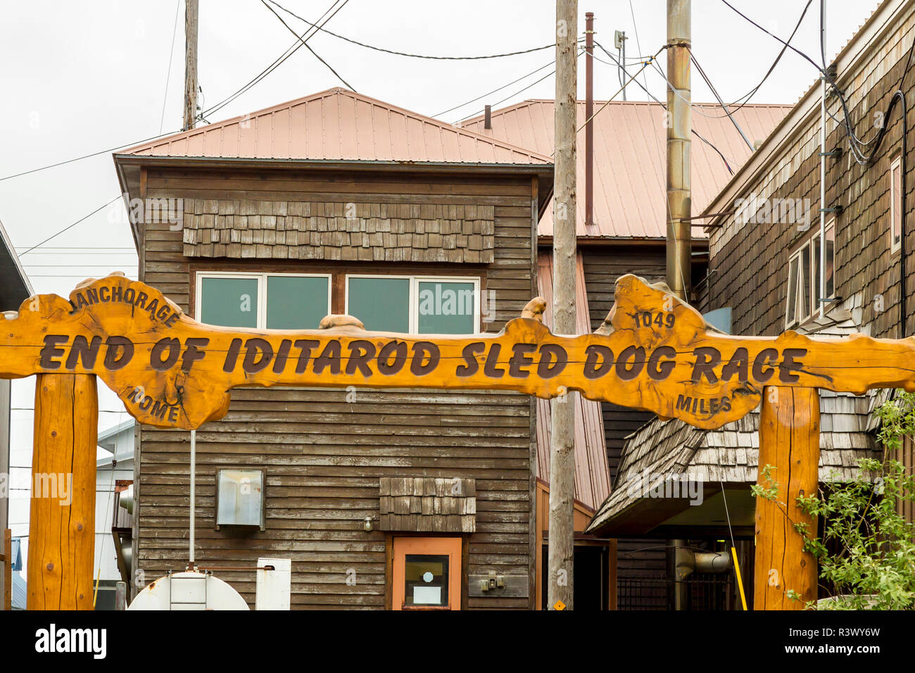 USA, Alaska, Nome. Haltepunkt des Iditarod Schlittenhunderennen. Stockfoto