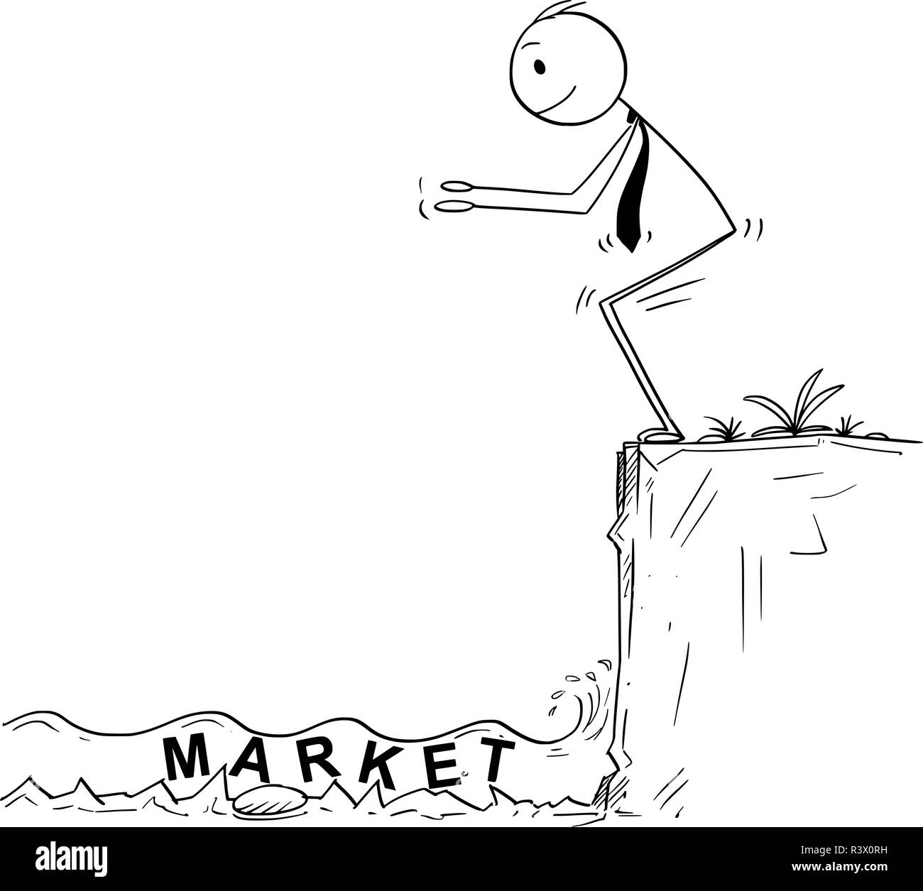 Cartoon der Unternehmer bereit zum Sprung in unbekannte seichten Wasser von riskanten Markt Investitionen Stock Vektor