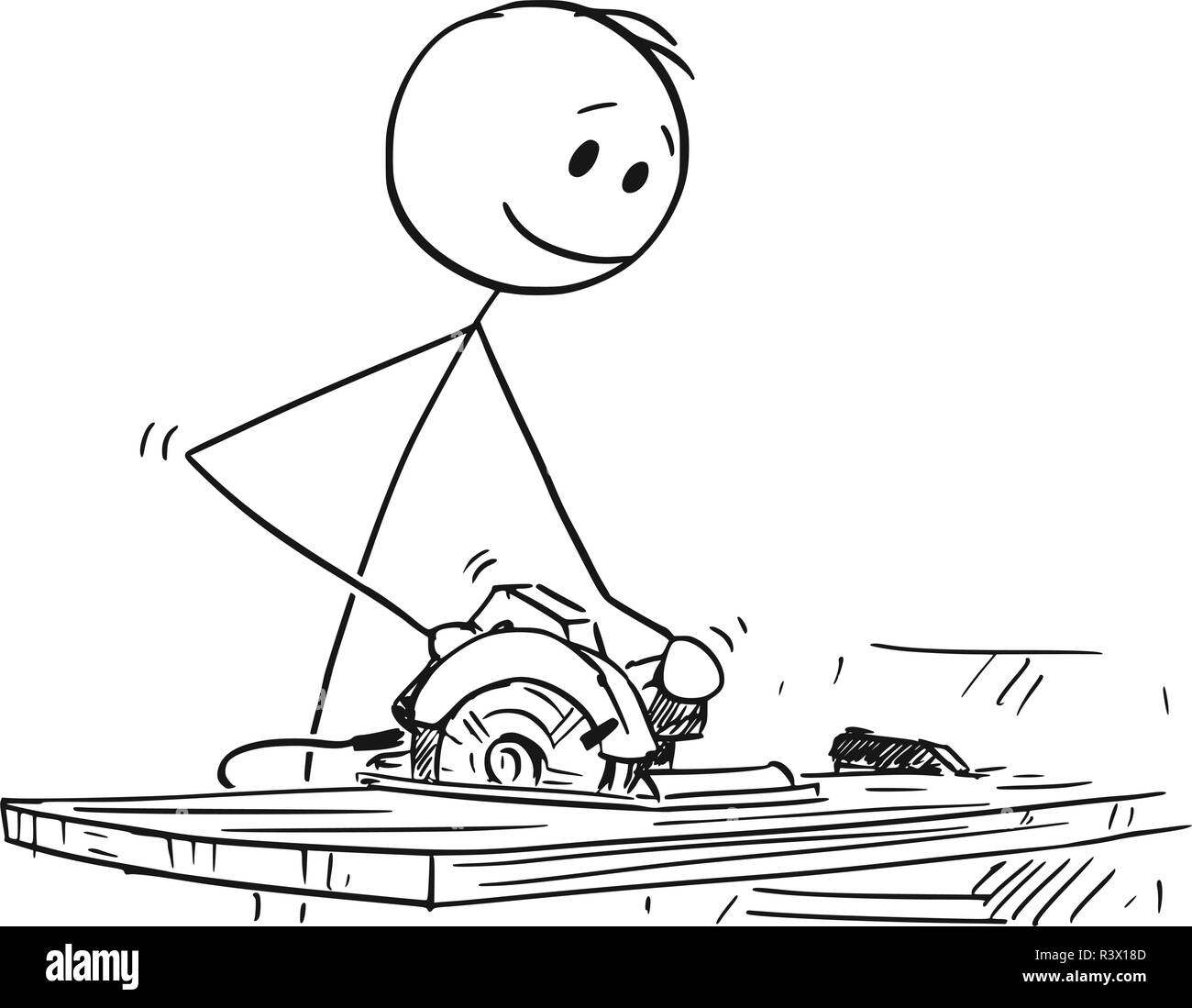 Cartoon Von Schreiner Oder Tischler Arbeiten Mit Holz Und Tragbare Kreissage Stock Vektorgrafik Alamy