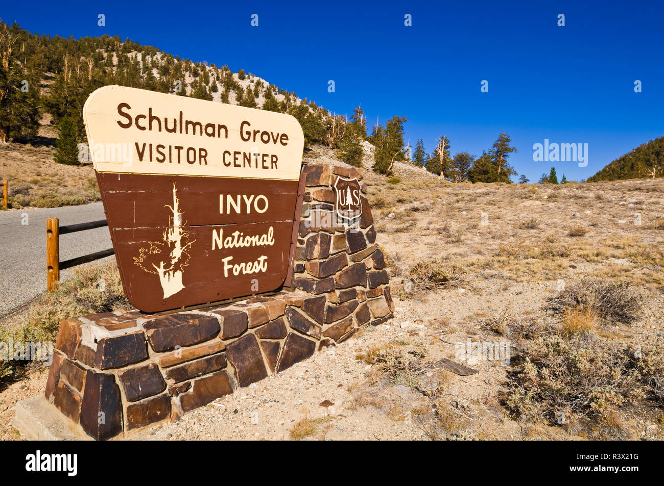 Schild am Schulman Grove, Ancient Bristlecone Pine Forest, Inyo National Forest, White Mountains, Kalifornien, USA Stockfoto