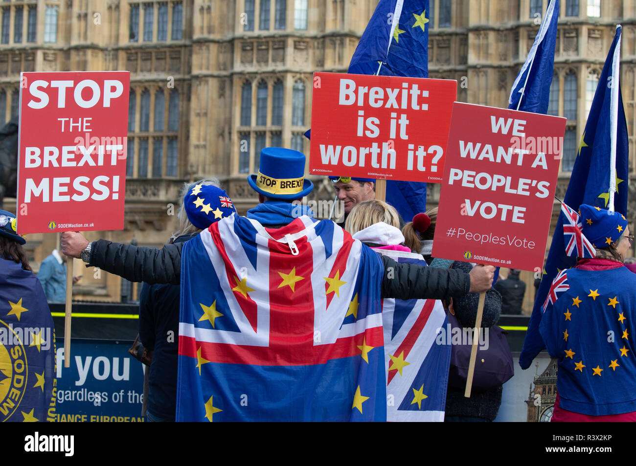 Bleiben Unterstützer außerhalb der Häuser des Parlaments in London demonstrieren. Sie sind auf die Entscheidung der EU am 29. März 2019 im Gegensatz zu verlassen Stockfoto
