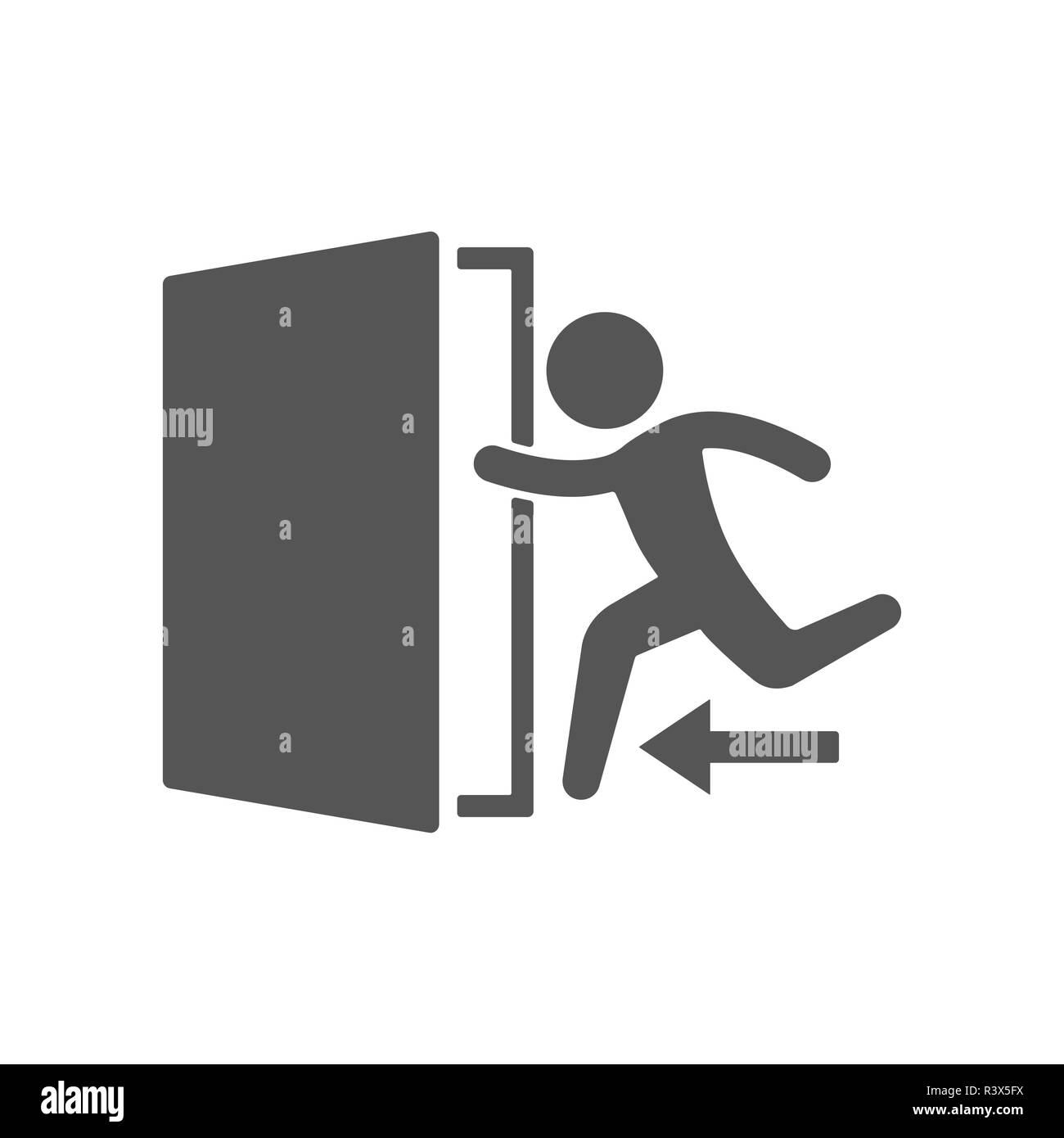 Notausstieg bei menschlichen Bild zeichen Symbol. Tür mit Pfeilsymbol. Notausgang. Flaches Design gesetzt. Vektor Stock Vektor