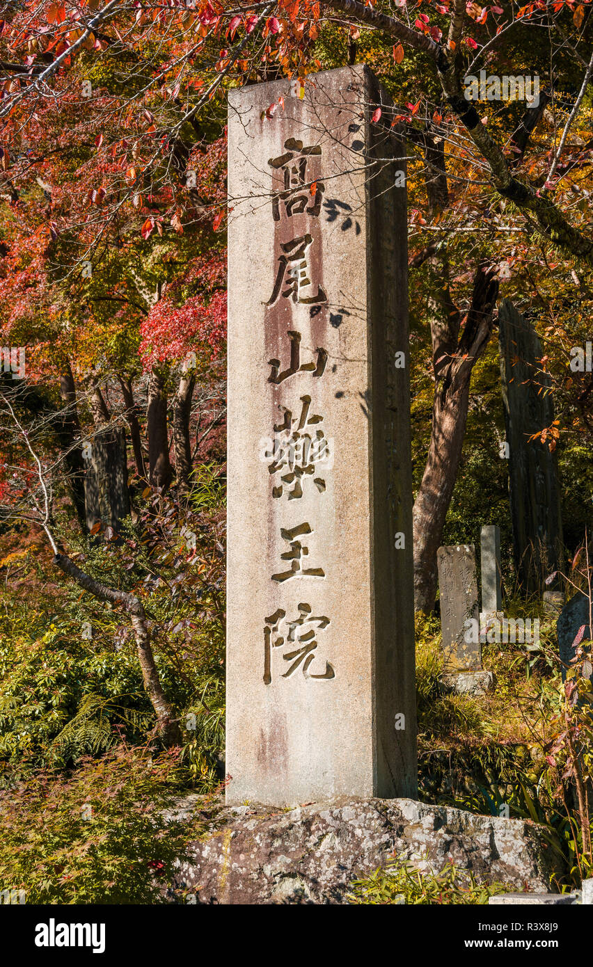 Steinerne Stele am Eingang des Mount Takao Naturpark mit roten und gelben Blätter im Herbst Stockfoto