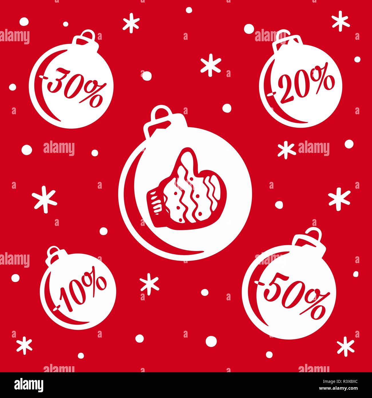 Weihnachtskugeln Verkauf. Weihnachten und das neue Jahr. Banner oder Poster für Shopping store Rabatt. Weihnachten Verkauf Rabatt mit Schneeflocken in Rot zurück Stock Vektor