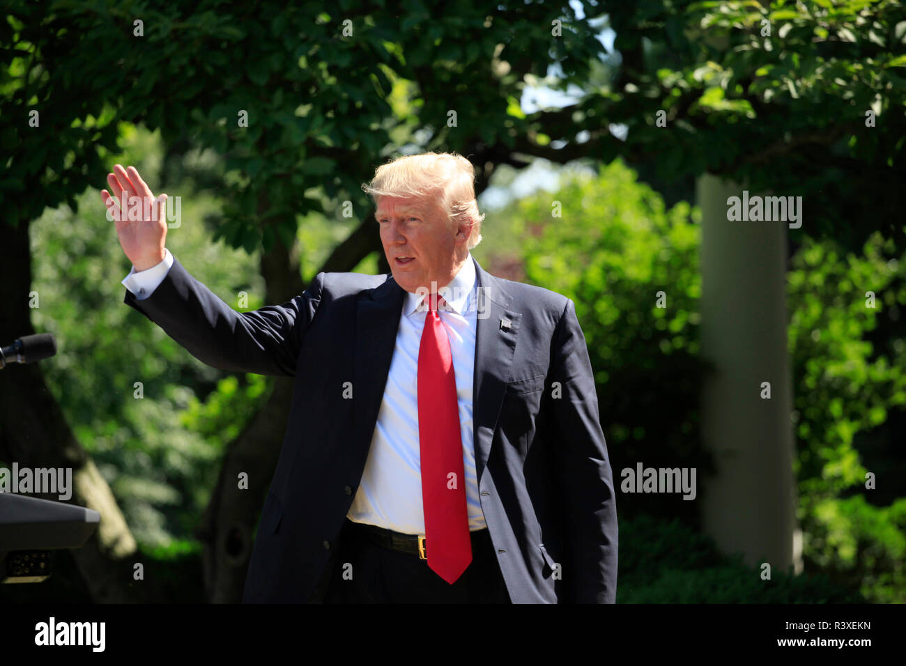 Präsident Donald Trump verkündet seine Entscheidung an der Pariser Vereinbarung. Die Ankündigung wurde im Rosengarten des Weißen Hauses am 31. Mai, 2017 Stockfoto