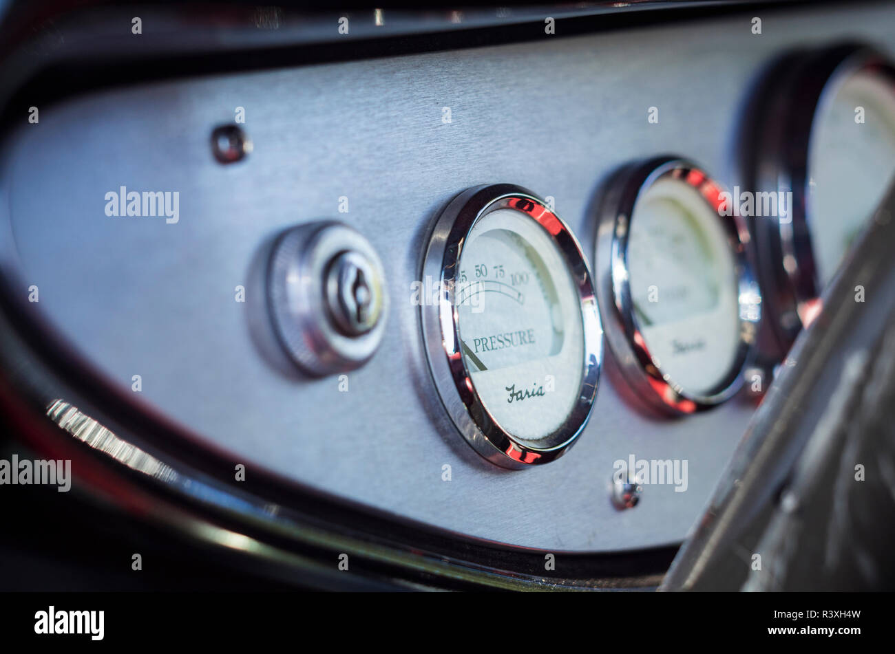 USA, Massachusetts, Cape Ann, Gloucester, Oldtimer, Hot Rod Auto Instrument detail Stockfoto