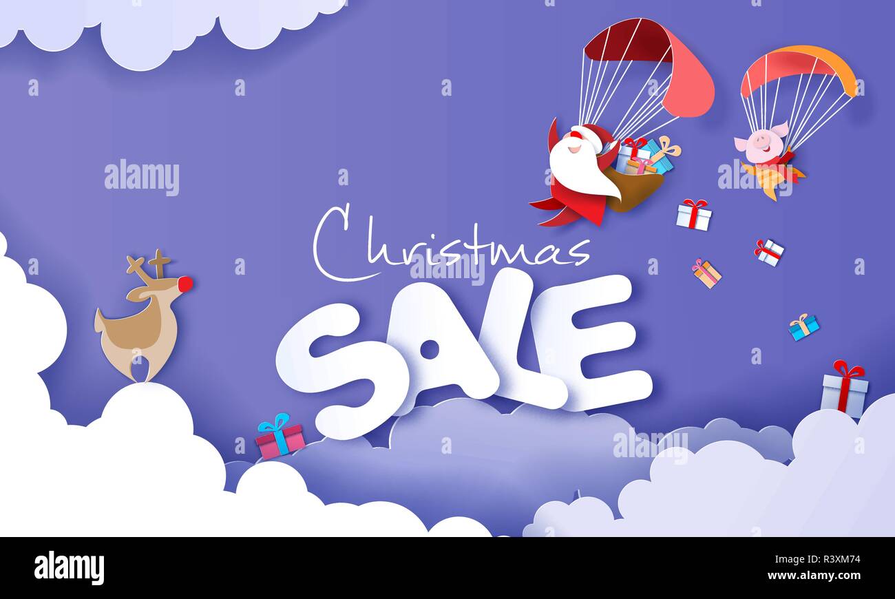 2019 Neues Jahr Werbung Design. Santa Claus und lustige Schweine Fliegen mit dem Fallschirm über große Buchstaben Verkauf blauen Hintergrund. Vektor Papier Kunst Illustration für Promotion Banner, Header, Plakate, Aufkleber Stock Vektor