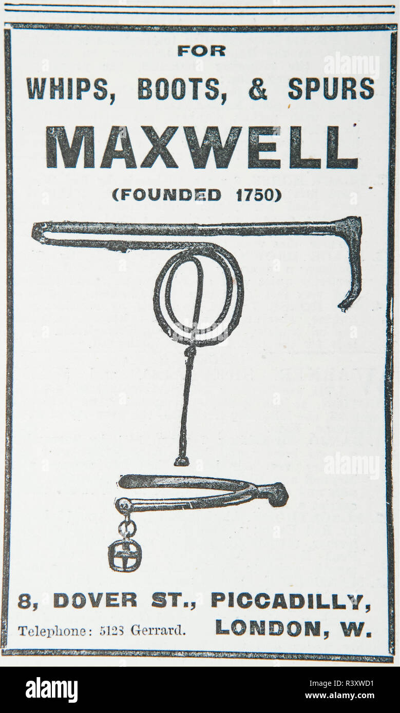 Eine alte Anzeige für Maxwell peitschen, Stiefel und Sporen. Aus einem alten britischen Zeitschrift aus dem Zeitraum 1914-1918. England UK GB Stockfoto