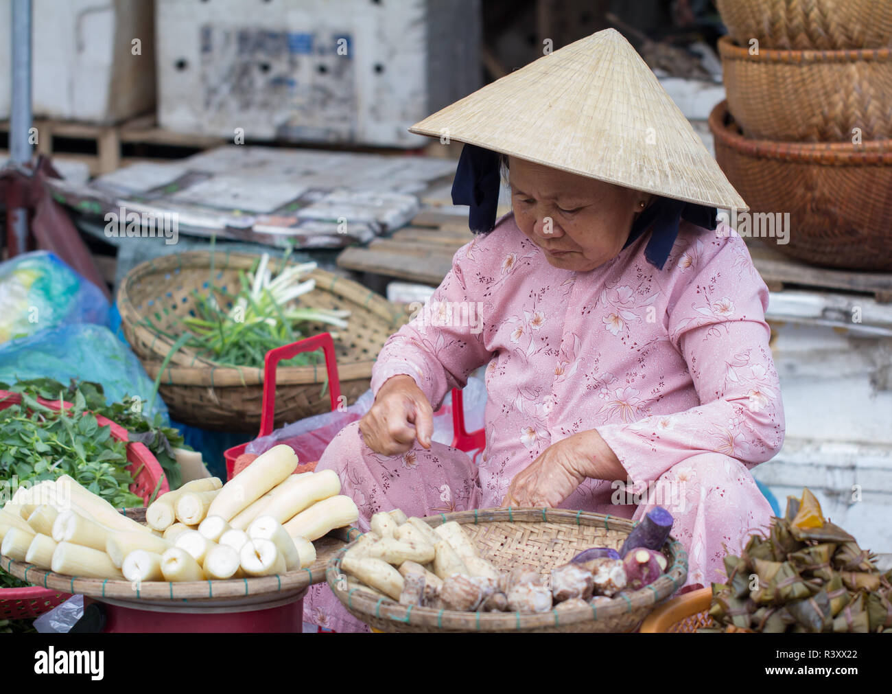 Frau verkaufen frische vegetalbes auf den traditionellen Markt, Hoi An, Vietnam. Stockfoto