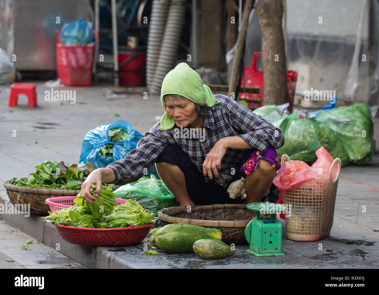 Frau Gemüse verkaufen auf Street Market, Saigon, Vietnam. Stockfoto