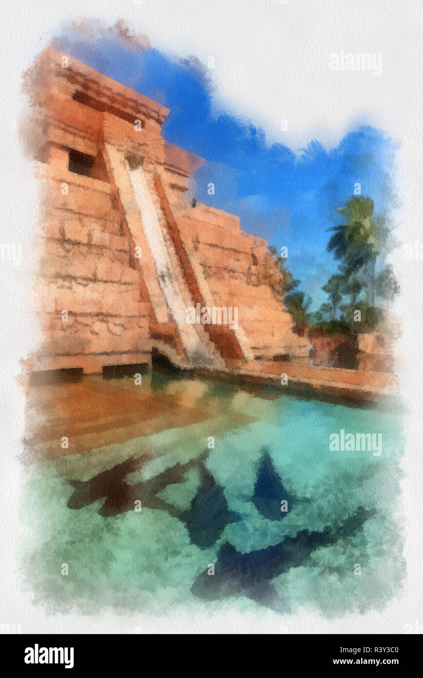 Dynamische AutoPainter, Aquarell-Filter. Fünf große Haie sind einige der marine Leben, dass der Pool vor der Rutsche im Mayan Tem bewohnen Stockfoto