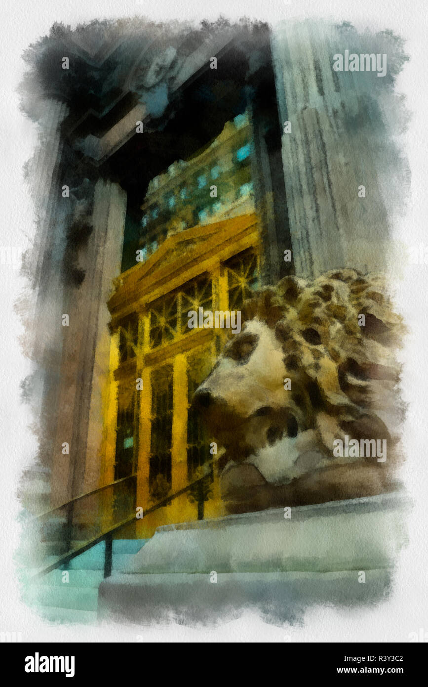 Dieses Digitale Aquarelle von Lion Statuen außerhalb des historischen Dollar Bank Gebäude repräsentieren die Vormundschaft des Geldes, der Innenstadt von Pittsburgh, Pennsylvania. Stockfoto