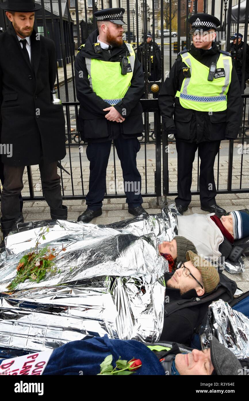 London, Großbritannien. 24. Nov 2018. Aussterben Rebellion/Rebellion Tag 2. Die Demonstranten inszeniert eine Lüge in vor den Toren von Downing Street, London, UK Credit: michael Melia/Alamy leben Nachrichten Stockfoto